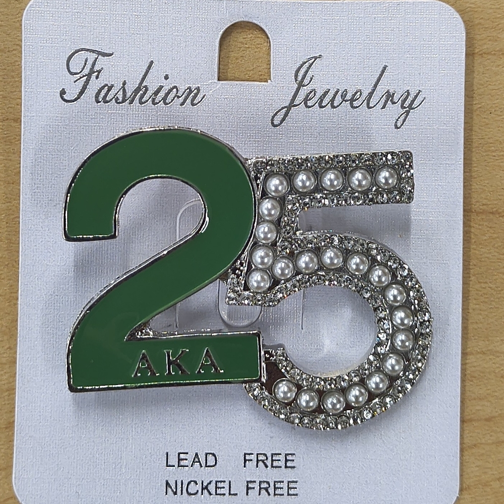 AKA Green and Silver '25' Pin Brooch with Pearls